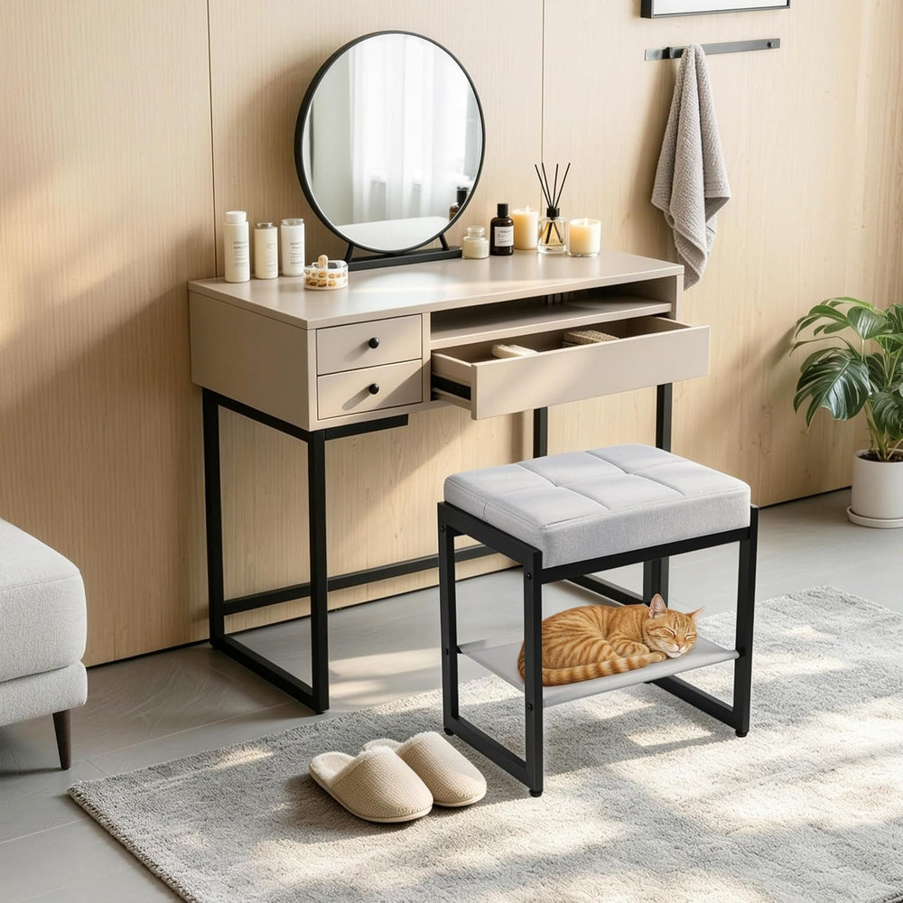 Vanity Stool, Vanity Chair Stools with a Lower Storage Shelf, Square Linen Up...
