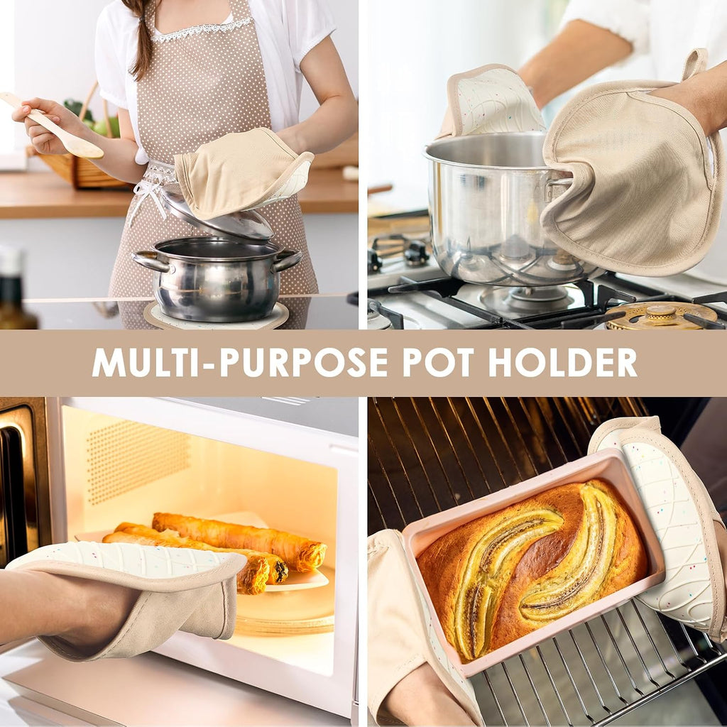 7 PCS Kitchen Oven Mitts and Pot Holders Cooking Mittens Heat Resistant 500°F Silicone Oven Mitts Soft Cotton Lining Non-Slip Oven Mittens for Kitchen Baking BBQ Cooking with Hook Up Oil Brush(Cream)