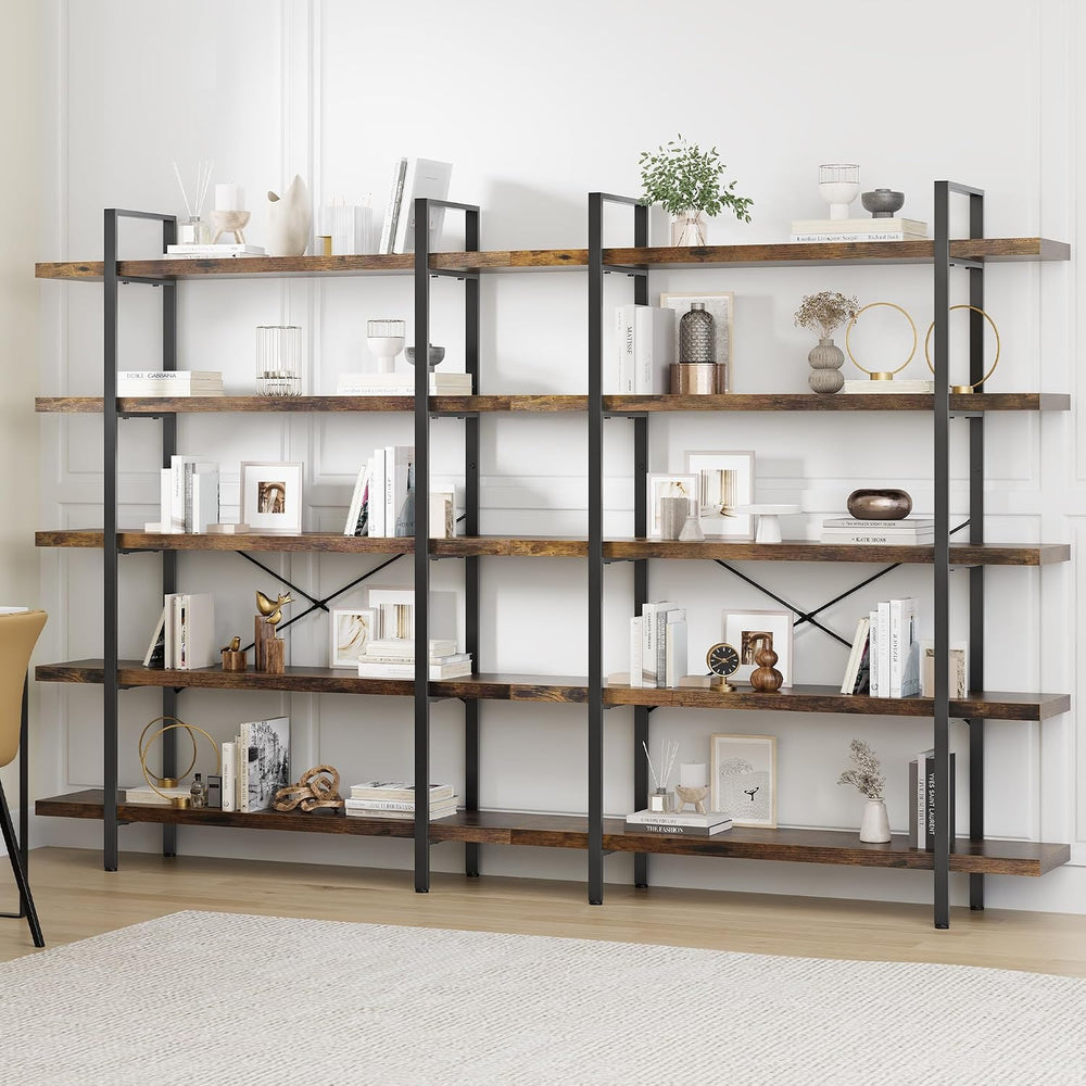 2PCS Heavy Duty 5 Tier Industrial Bookcase for Home Office, Rustic Brown | 47...