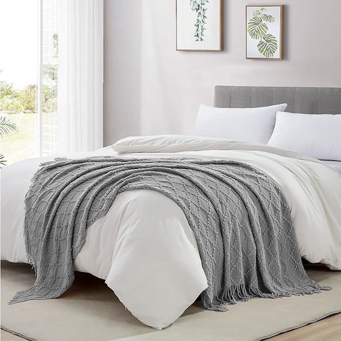 BOURINA Light Grey Throw Blanket 50 x70 Inches Jacquard Argyle Throw Textured - Image 4