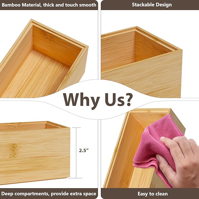 Kitchen Drawer Organizer Bins, Stackable Bamboo Deep Drawer Organizer - Image 9