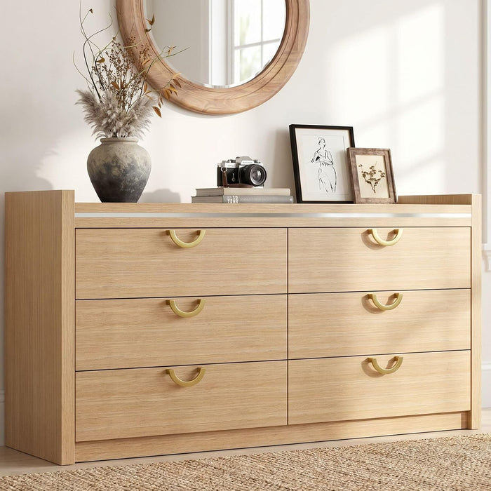 Gyfimoie 6 Drawer Dresser for Bedroom, 47.24" Wide Modern Chest of Drawers with Gold Curved Handles, Wooden Double Dresser TV Stand, Storage Organizer Cabinet for Closet,Living Room,Hallway