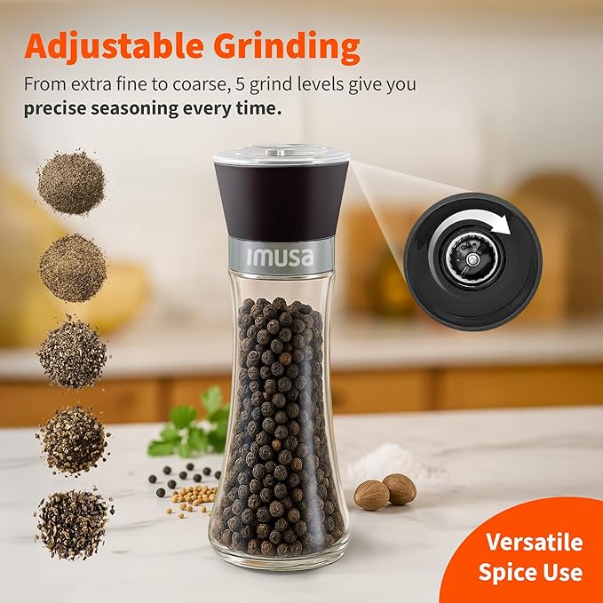 IMUSA Salt Shaker and Pepper Grinder Set – 2 Pack Glass Salt Shaker and Pepper - Image 4