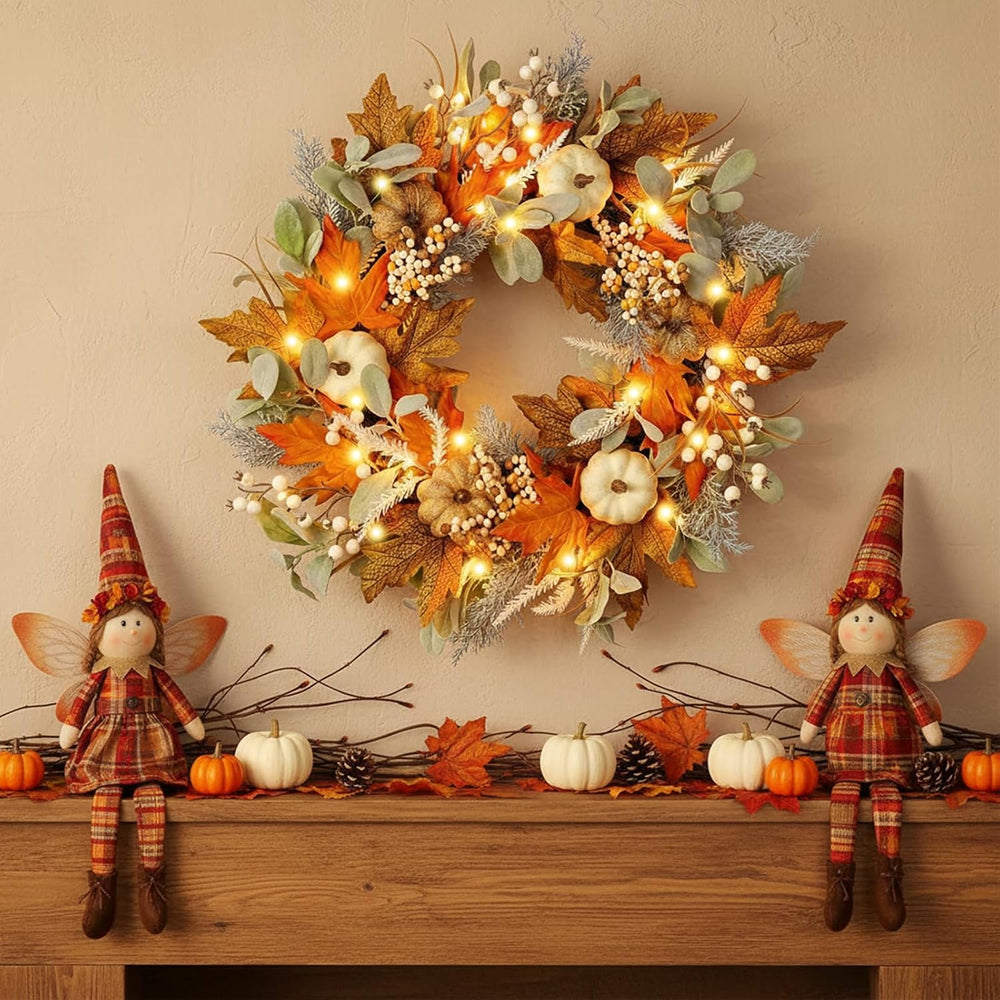 24IN Fall Wreath Prelit for Front Door, Halloween, Thanksgiving Decor