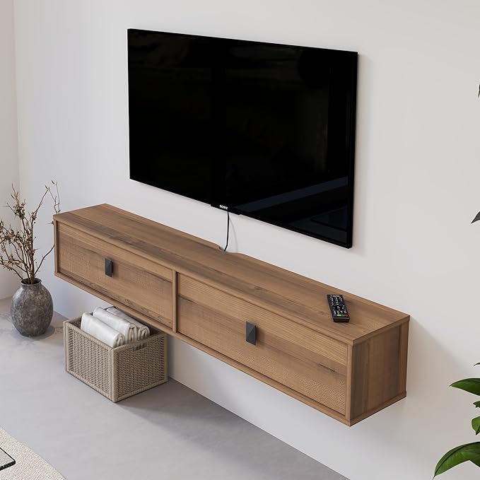 Solid Wood Floating TV Shelf, 55'' Wall Mounted TV Cabinet, Floating Shelves with 2 Doors, Wooden Mid-Century Entertainment Media Console Center Large Storage Under TV (Walnut)