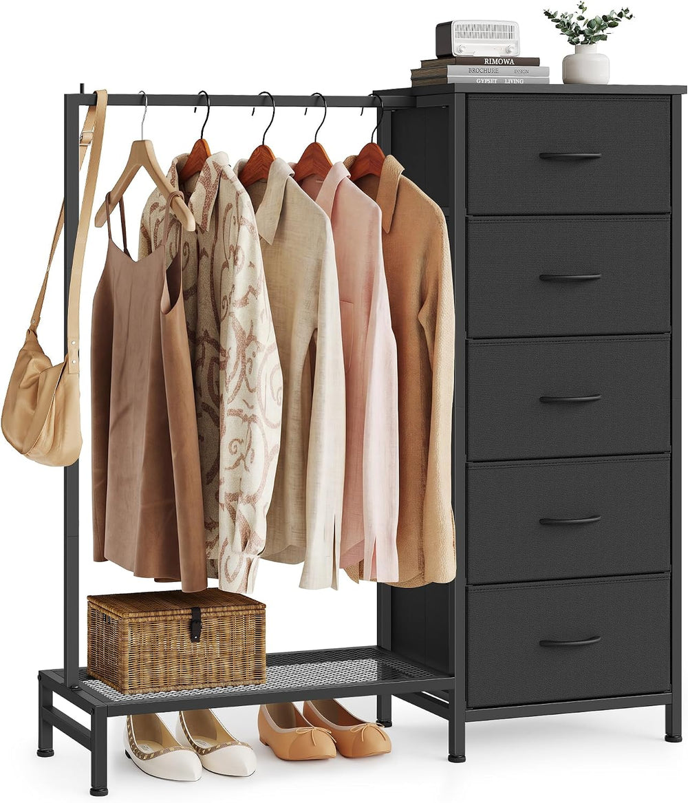 SONGMICS Dresser with Hanging Rod, 5 Fabric Drawers, Bottom Shelf