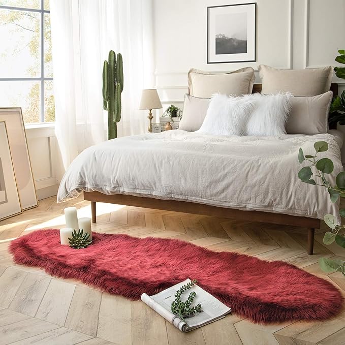 Ashler Faux Fur Rug, Deep Red Area Rugs, Fluffy Sheepskin Fur Rug, Fuzzy Ultra - Image 2