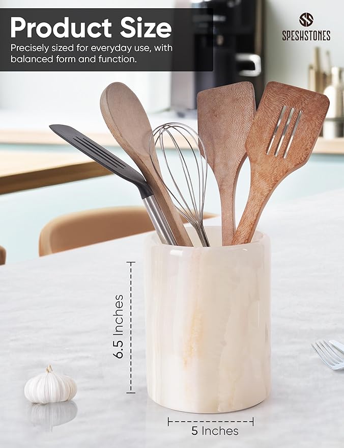 Marble Utensil Holder 6.5 Inch Cream Onyx Wooden Cooking Utensils Set & S...