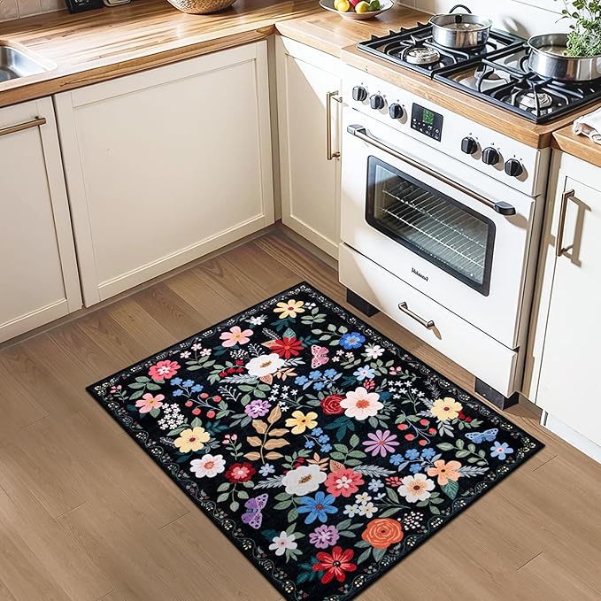 Entryway Rug 2X3 Small Rugs: Floral Washable Door Mat Vintage Soft Low Pile - Image 4