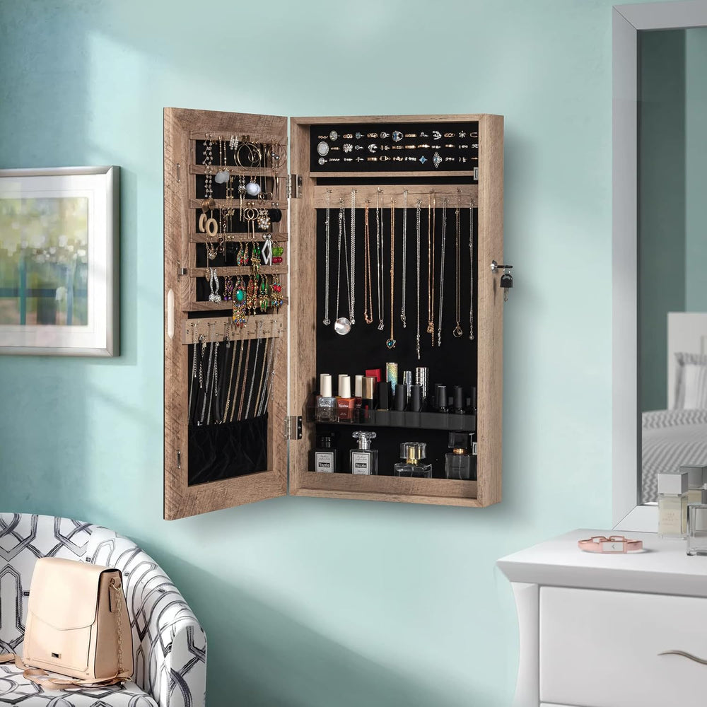 LAVIEVERT Lockable Jewelry Cabinet Armoire w/Frameless Mirror - Wood Grain | ...