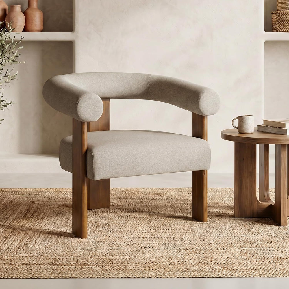Usaint Upholstered Barrel Accent Chair with Walnut Wood Legs and Armrests
