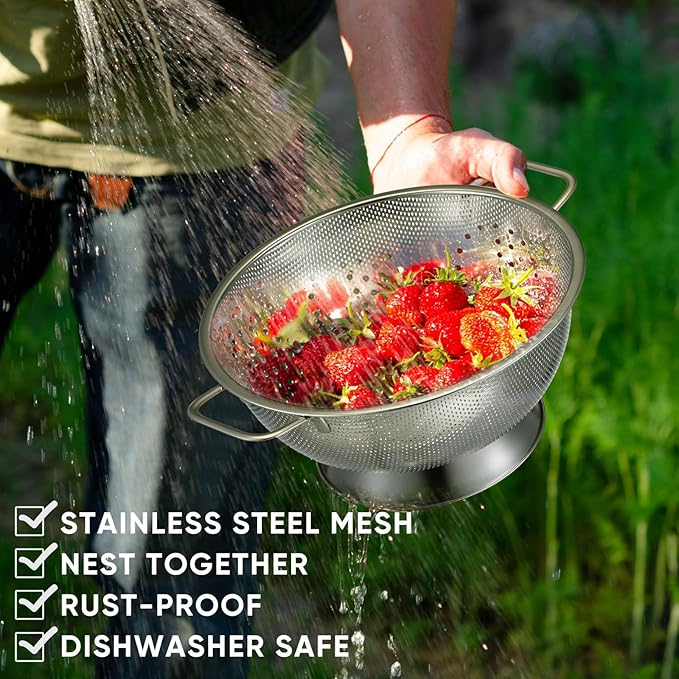 Bokon 3 Pcs Stainless Steel Colander Set Colander Bowl and Sieves 1/3/5 Quart - Image 4