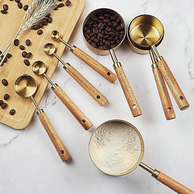 GuDoQi 8Pcs Gold Measuring Cups and Spoons Set, Wooden Handle, Premium - Image 7