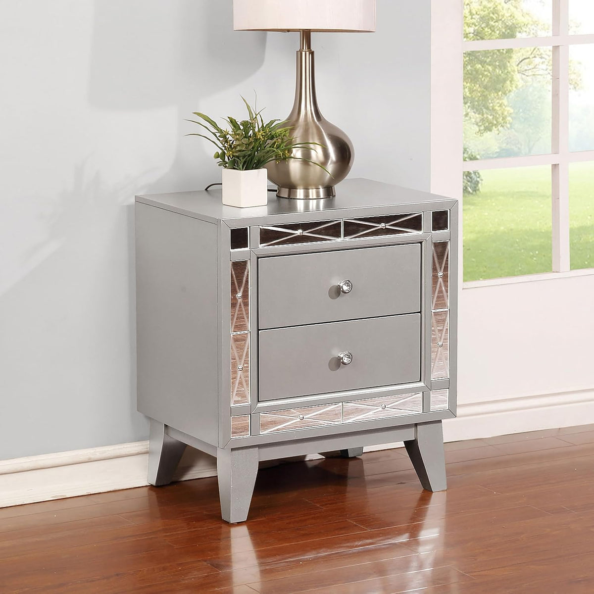 coaster leighton 23.5-inch 2-drawer nightstand, metallic mercury 204922 shown in use
