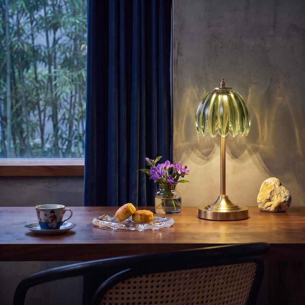 Tulip Glass Rechargeable Table Lamp, Floral Cordless Table Light(Green)