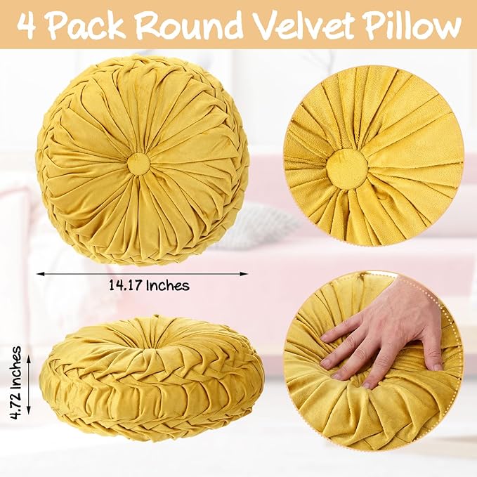 Kathfly Set of 4 Decorative Round Pleated Throw Pillows, Classy Velvet Pumpkin
