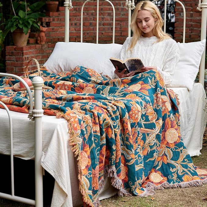 MSGKV Boho Throw Blanket for Bed Twin Size 100% Cotton Floral Bird Blanket - Image 6