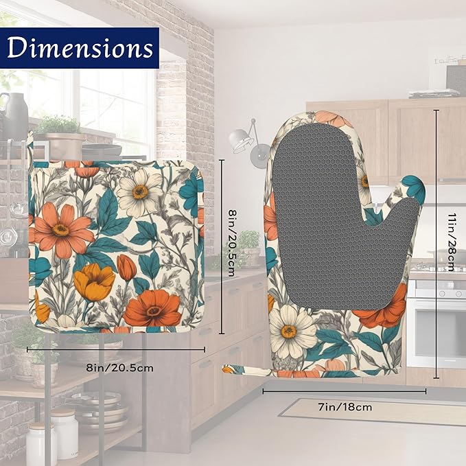 Vintage Floral Potholders & Oven Mitts Sets Abstract Flowers Silicone Heat - Image 2
