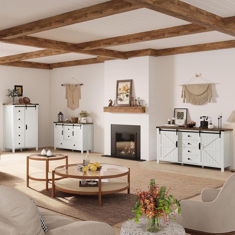 AMERLIFE 31.5" Farmhouse 5-Drawer Dresser with Barn Doors, Distressed White