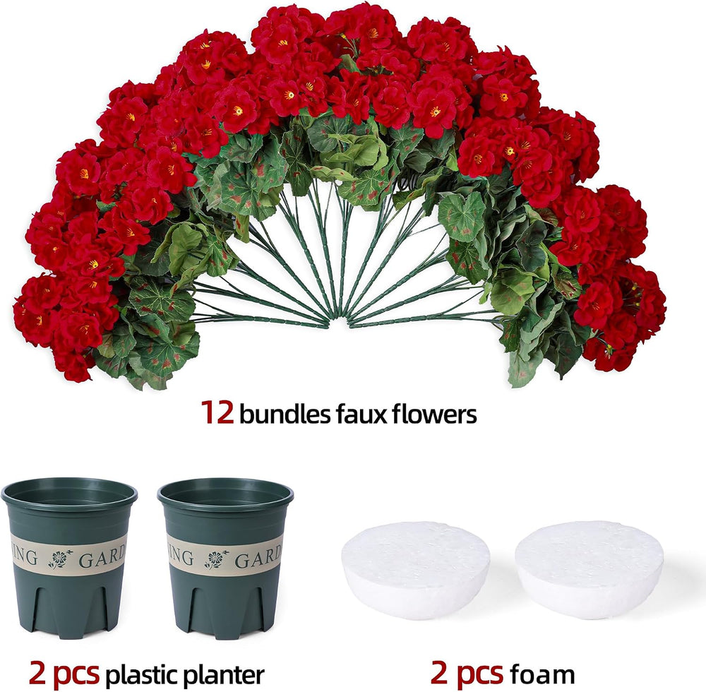 Geraniums Artificial Flowers for Outdoors, 2 Pack Potted Plants Red Faux Gera...