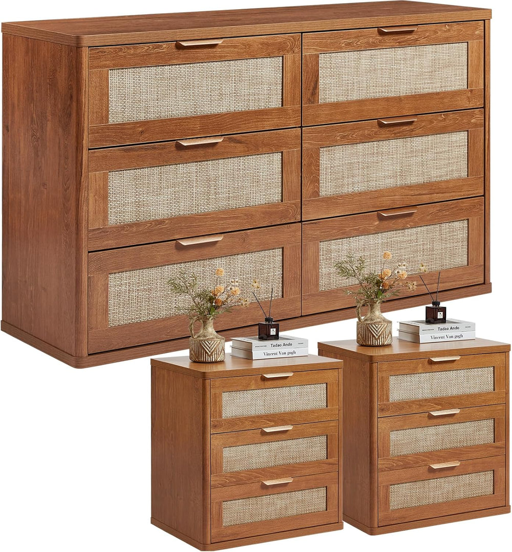 LEYAOYAO Rattan Dresser and Nightstand Sets 3 Piece, Teac Brown