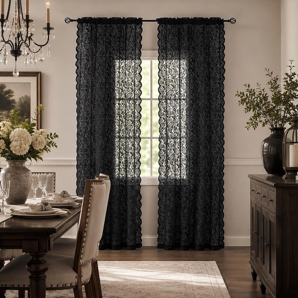 ALIGOGO Black Lace Curtains for Living Room, Gothic Decor, 52W x 84L Inch
