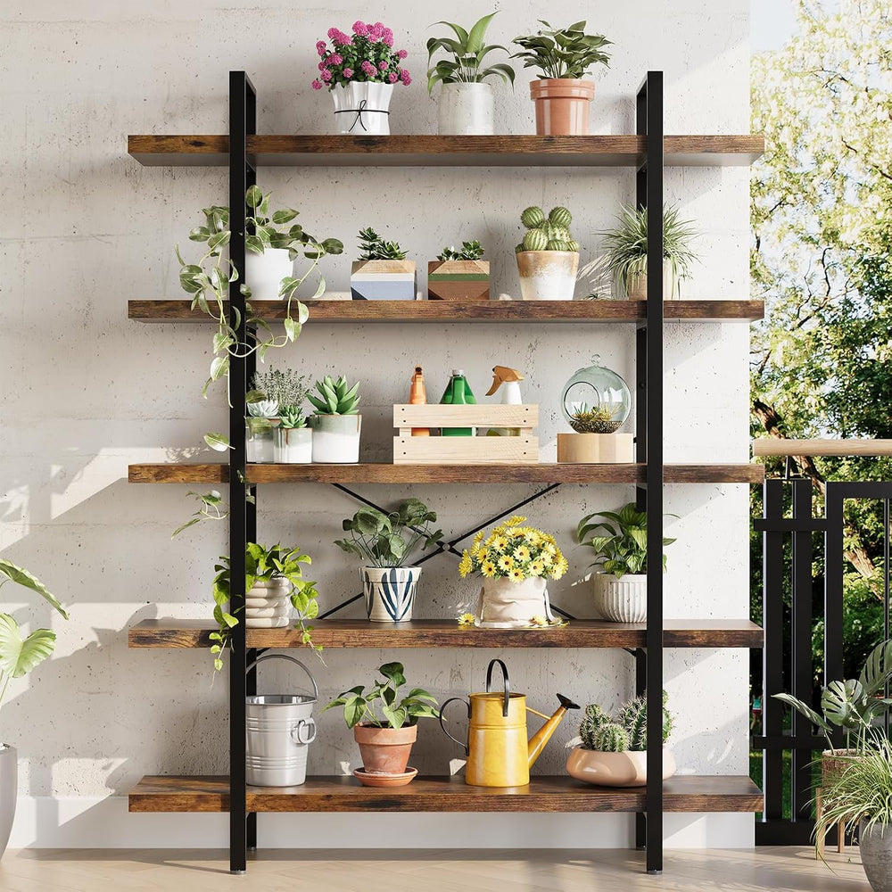 2PCS Heavy Duty 5 Tier Industrial Bookcase for Home Office, Rustic Brown | 47...