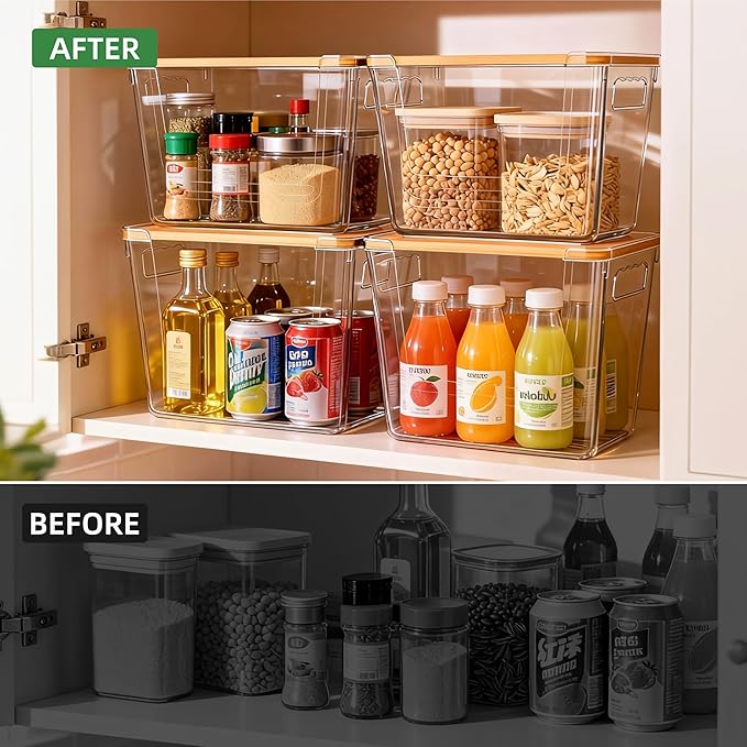 4 Pack Clear Storage Bins with Bamboo Lid, Garbage Bag Dispenser, Pantry