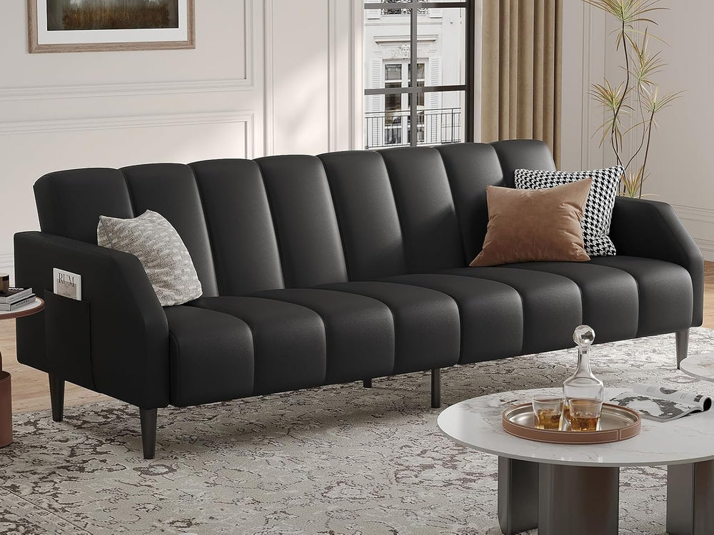 Fadware Faux Leather Couch, Convertible Futon Sofa Bed with Adjustable Backre...