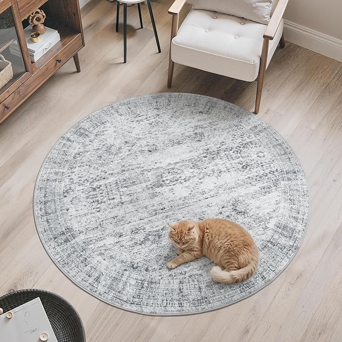 Soalmost 5x5 Grey Round Rug 5ft Living Room Circle Rug Vintage Gray Round Area - Image 9