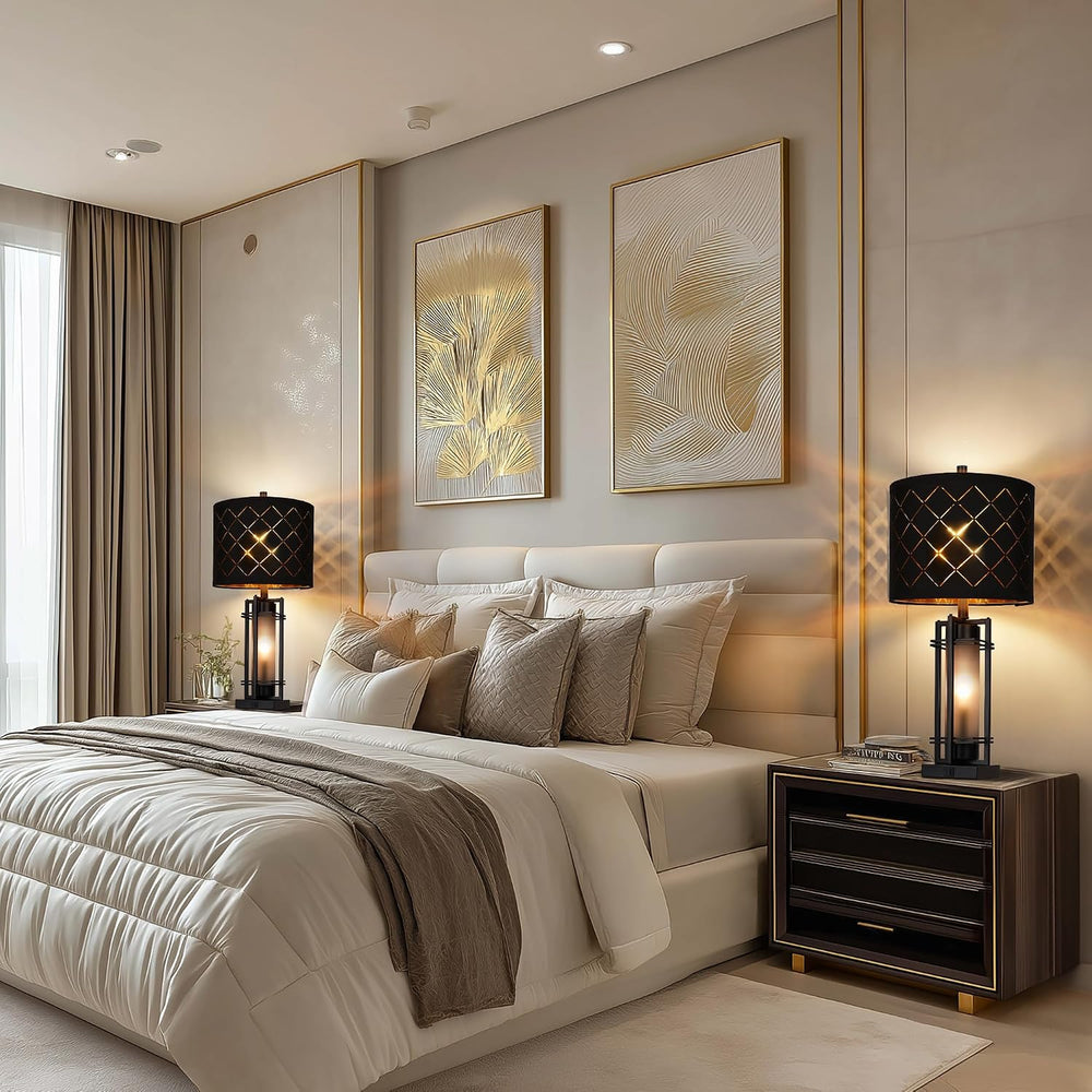 27'' Modern Table Lamp Set of 2 with Nightlight, Metal Bedside Lamps