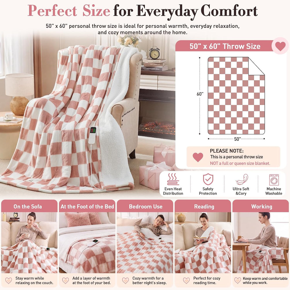 Pink Heated Blanket Electric Throw 50"X60", Heating Blanket Throw