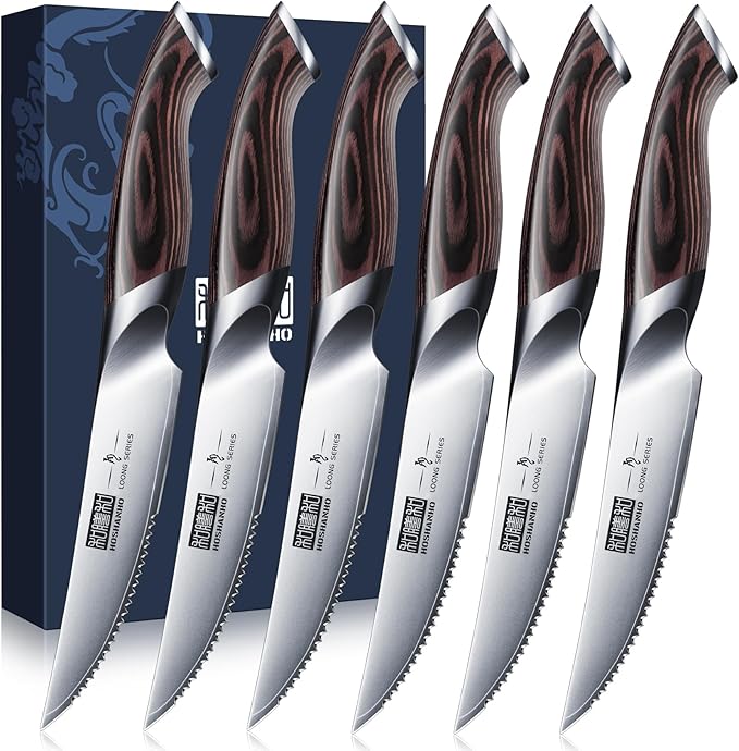 HOSHANHO Steak Knives Set of 6, Ultra Sharp 4.5 Inch Serrated Steak Knife Set by HOSHANHO