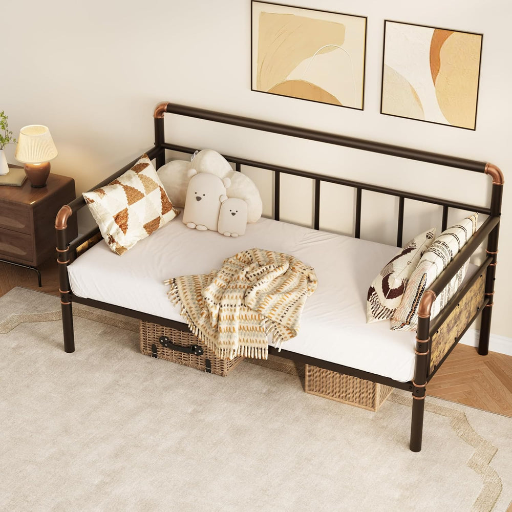 IDEALHOUSE Twin Daybed with Classic Headboard,Metal Twin Bed Frame,Brown