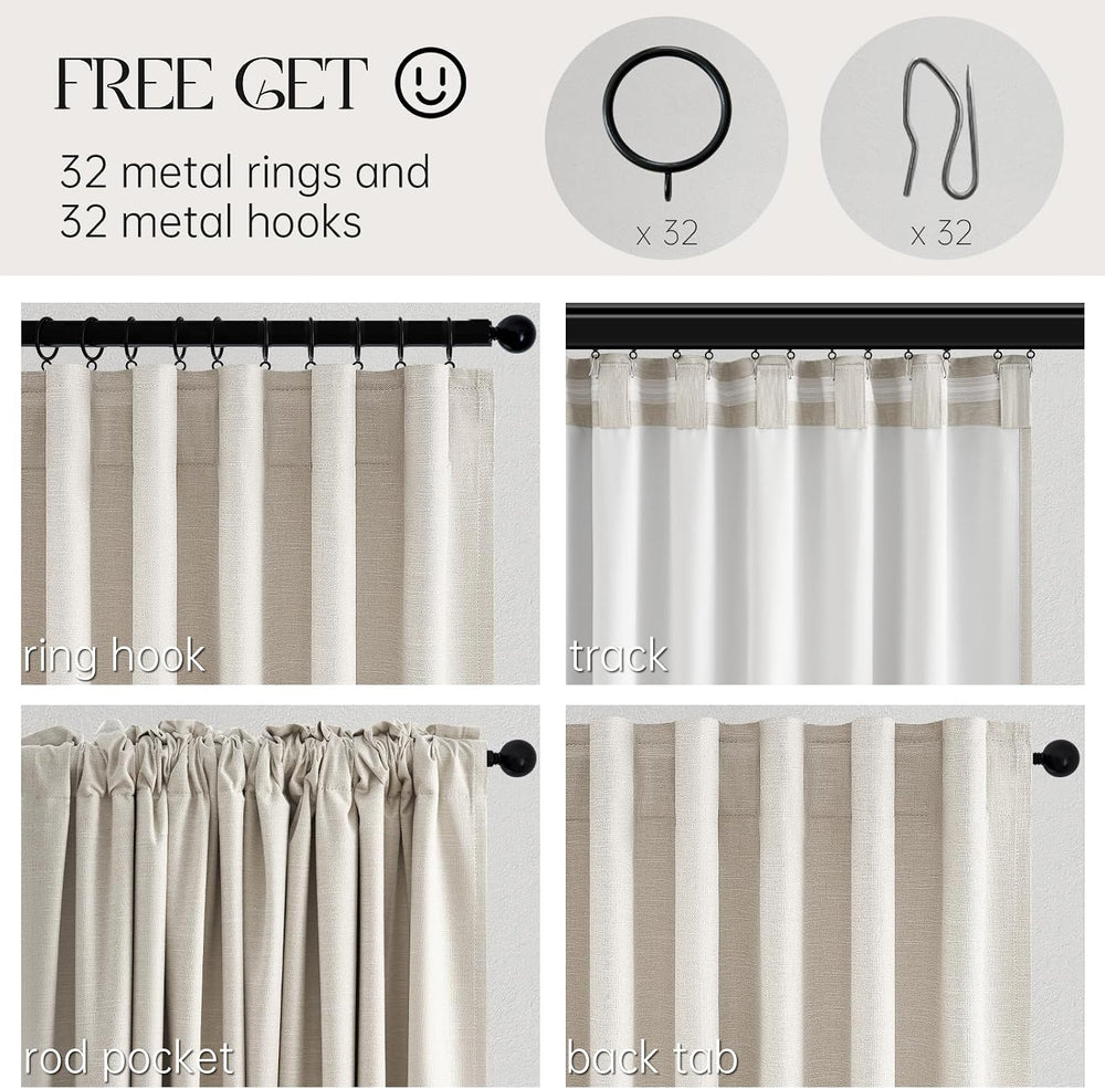 Topfinel Linen Blackout Curtains 96 Inch Long, Boho Farmhouse Ivory Birch Vir...