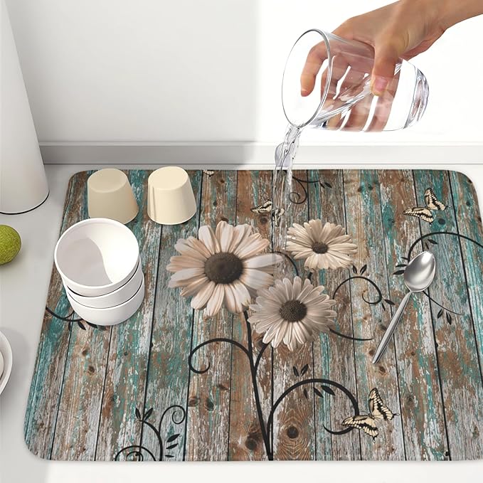 Dish Drying Mat for Kitchen Counter 18 x 24 Inch Rustic Vintage Daisy Floral - Image 6