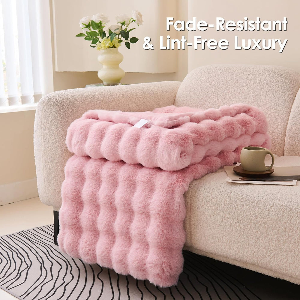 Comelady Faux Rabbit Fur Throw Blanket for Couch, Soft Plush Bubble Blanket