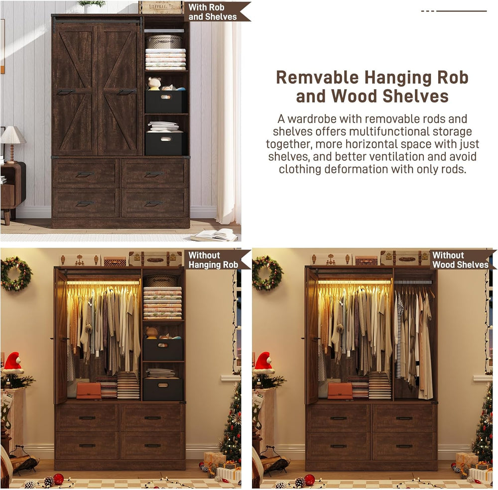 Farmhouse 3 Doors Armoire Wardrobe Closet w/Folding Sliding Barn Door and Lig...