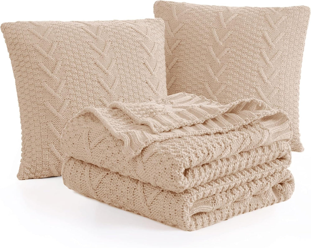 Aormenzy Knitted Throw Blanket (50" x 60") and 2 Pillow Covers (18&...