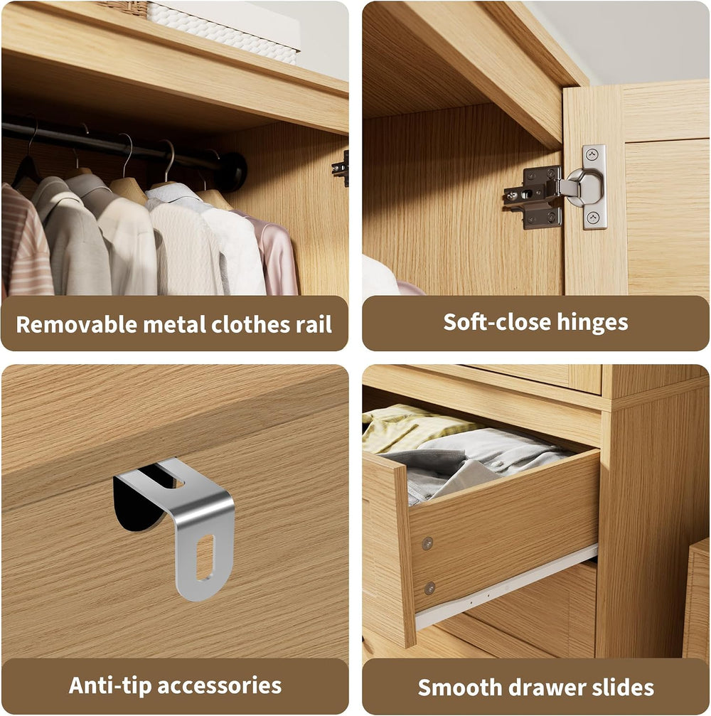 GarveeHome Armoire Wardrobe with Drawers, Wooden Closet, Hanging Rod, Oak