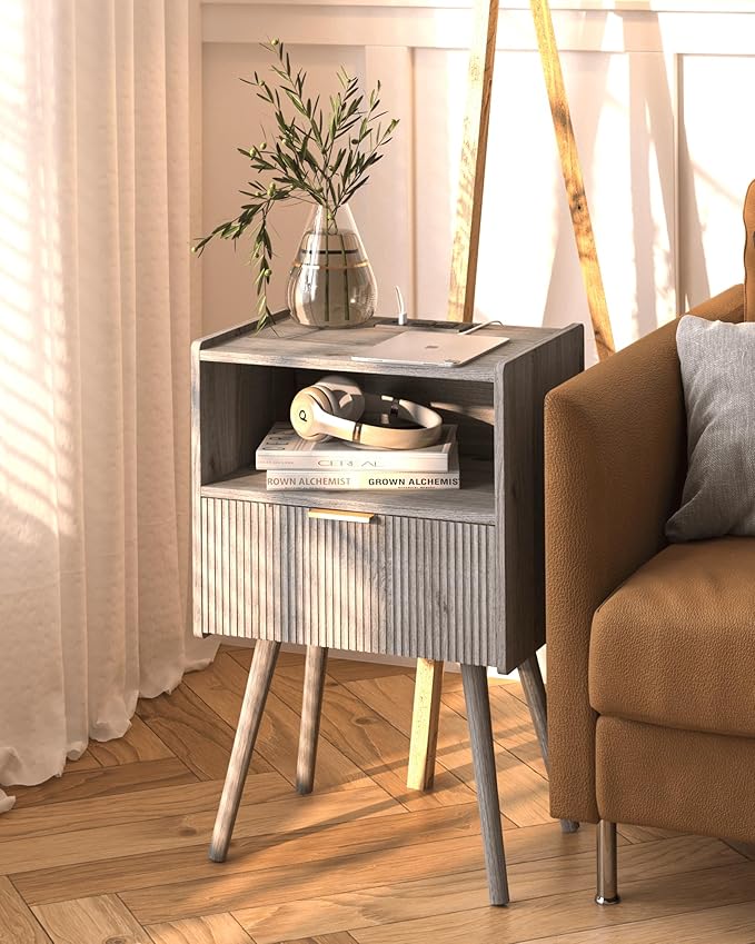 Nightstand with Outlet,Modern Bedside Table with Storage Drawer and Open Wood...