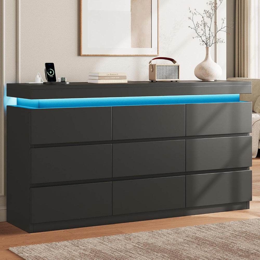 9 Drawer Dresser with LED Lights and Charging Station, Modern Black Dresser
