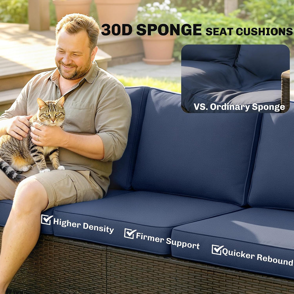 Outsunny 3 Seater Outdoor Couch Sofa PE Wicker 4" Foam Cushions Dark Blue