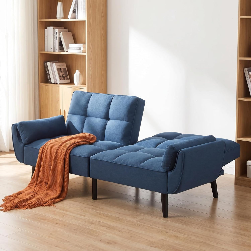 Linen Convertible Futon Couch Bed with Adjustable Backrest, Blue