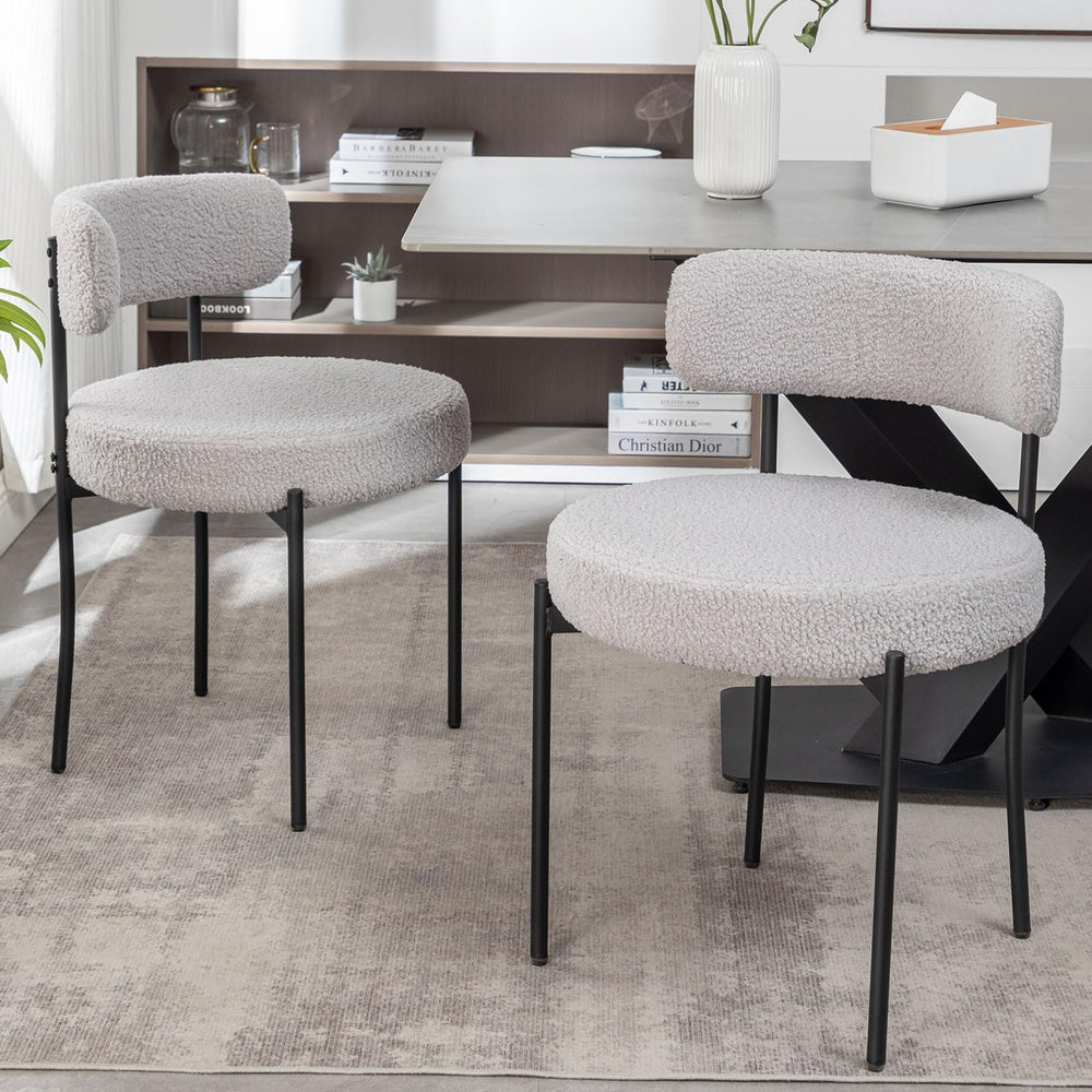 Boucle Dining Chairs Set of 2, Upholstered Dining Room Chairs with Black Meta...