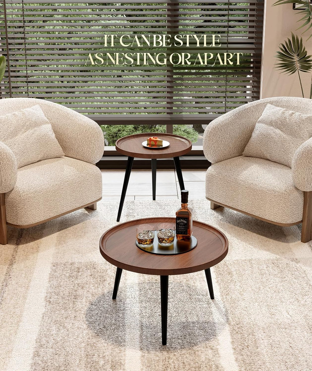 2-Piece Walnut Coffee Table,Durable Mid Century Small Round Coffee Tables for...