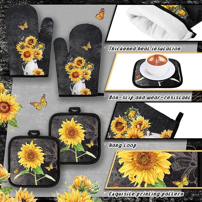 Fourluoo 10 Pcs Vintage Sunflower Kitchen Dish Towels Rugs Oven Mitts and Pot - Image 5