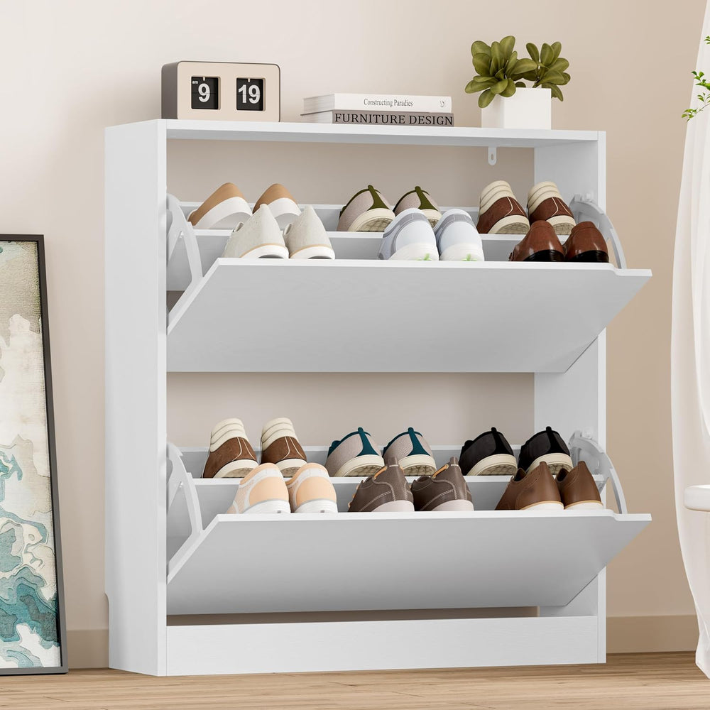 BORNOON Shoe Cabinet with 2 Flip Drawers, Slim Narrow Shoe Storage Cabinet, F...