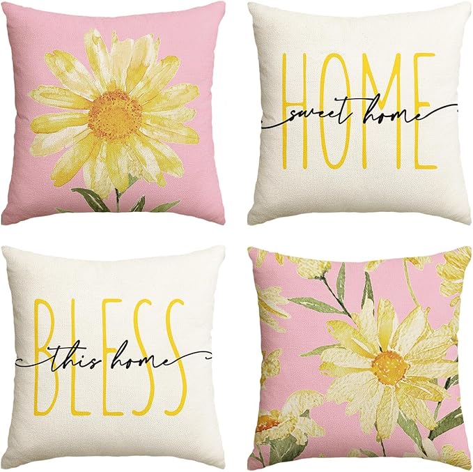 AVOIN colorlife Home Sweet Home Spring Summer Flowers Pink Throw Pillow Covers by AVOINcolorlife