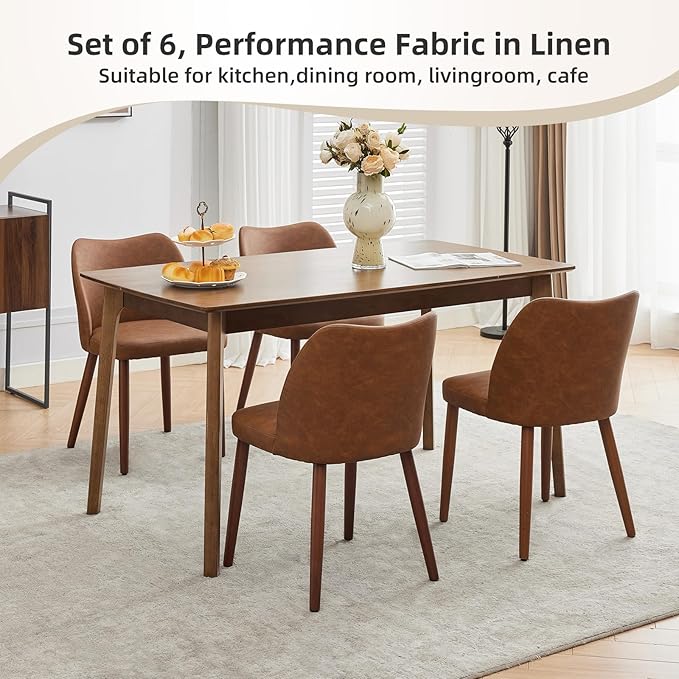 Dining Chair Set of 6, Leather Upholstered Dining Chair with Wood Legs, Wing ...